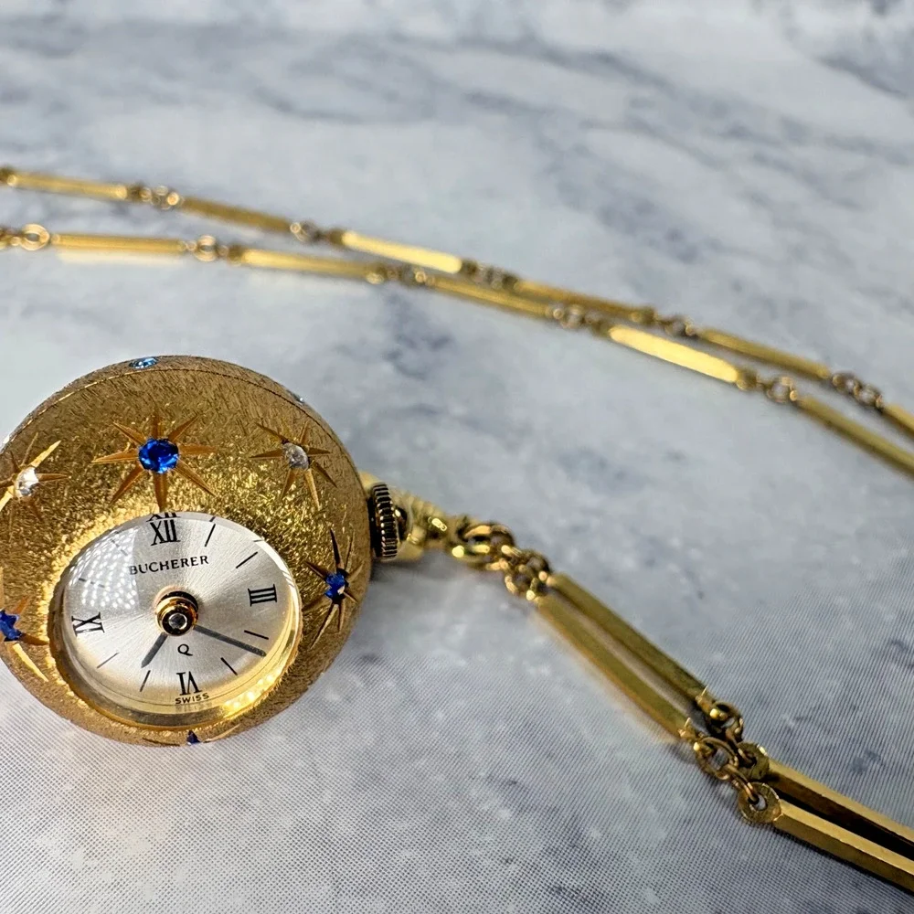 Bucherer Swiss Orb Globe Pendant Watch Faux Jewel Encrusted Celestial Gold Tone